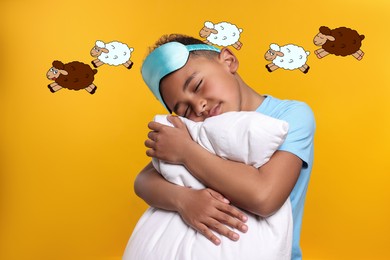 Image of Insomnia. Sleepy boy with pillow and blindfold on orange background. Illustrations of sheep running above him
