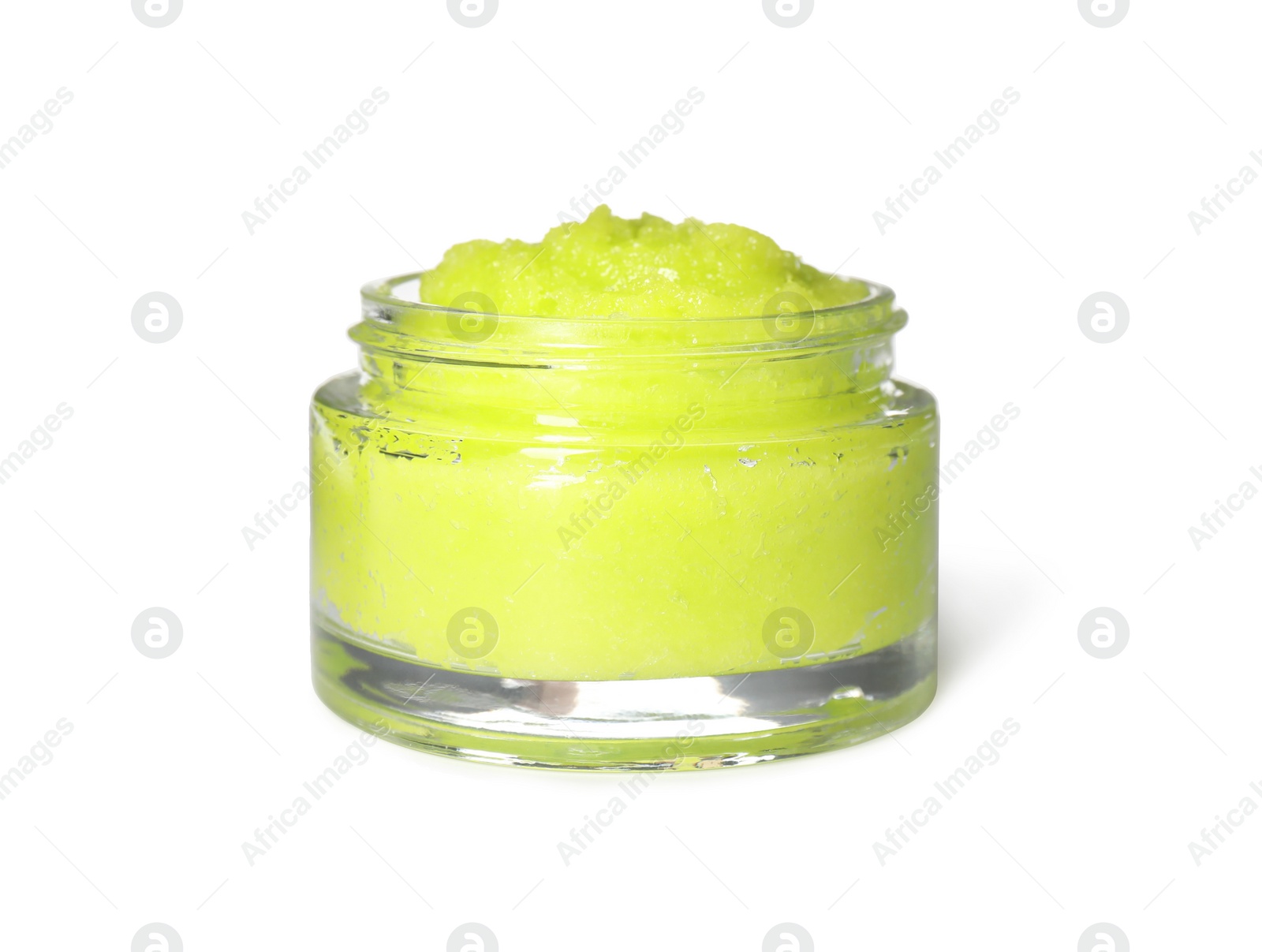 Photo of Body scrub in jar isolated on white