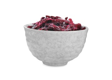 Bowl with tasty red cabbage sauerkraut isolated on white