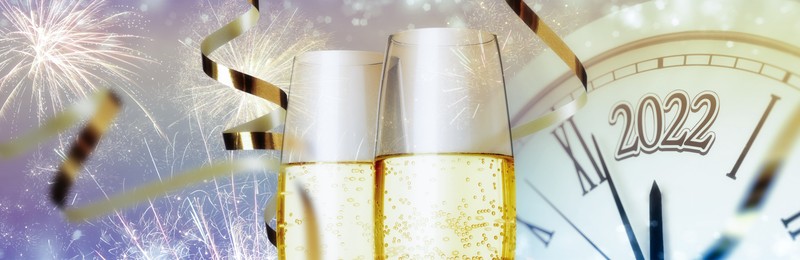 Image of Glasses of sparkling wine, clock, shiny streamers and firework on color background, banner design. Countdown to New Year 2022