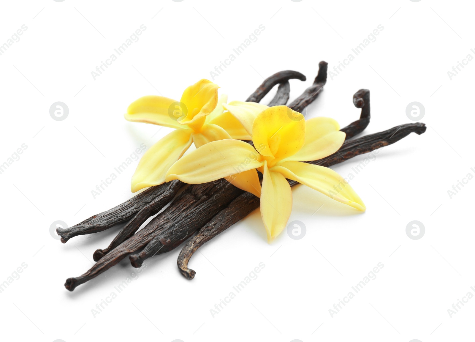 Photo of Aromatic vanilla sticks and flowers on white background