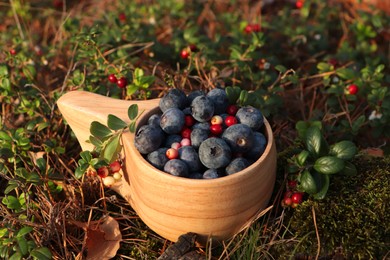 Photo of Wooden mug full of fresh ripe blueberries and lingonberries on grass