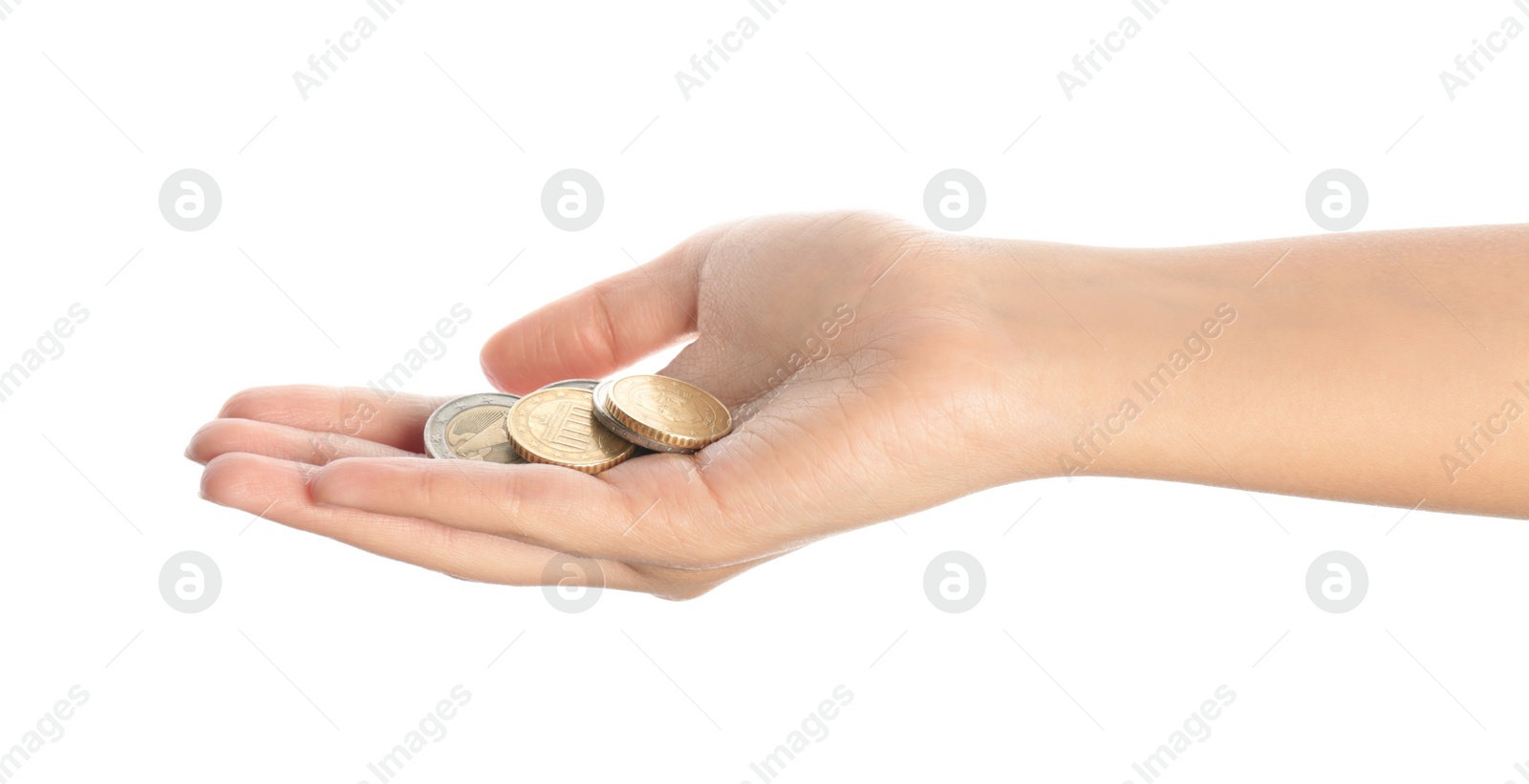 Photo of Young woman holding coins isolated on white, closeup