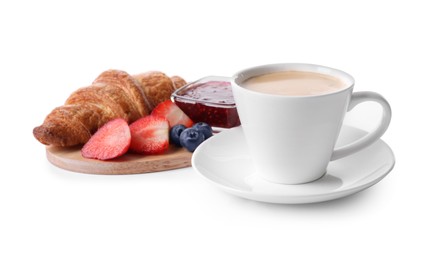 Photo of Tasty croissant, cup of coffee, fruits and jam on white background