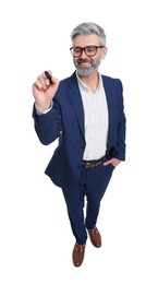 Mature businessman with marker on white background, above view