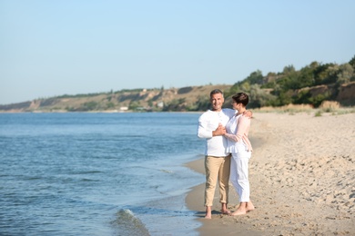 Happy mature couple at beach on sunny day