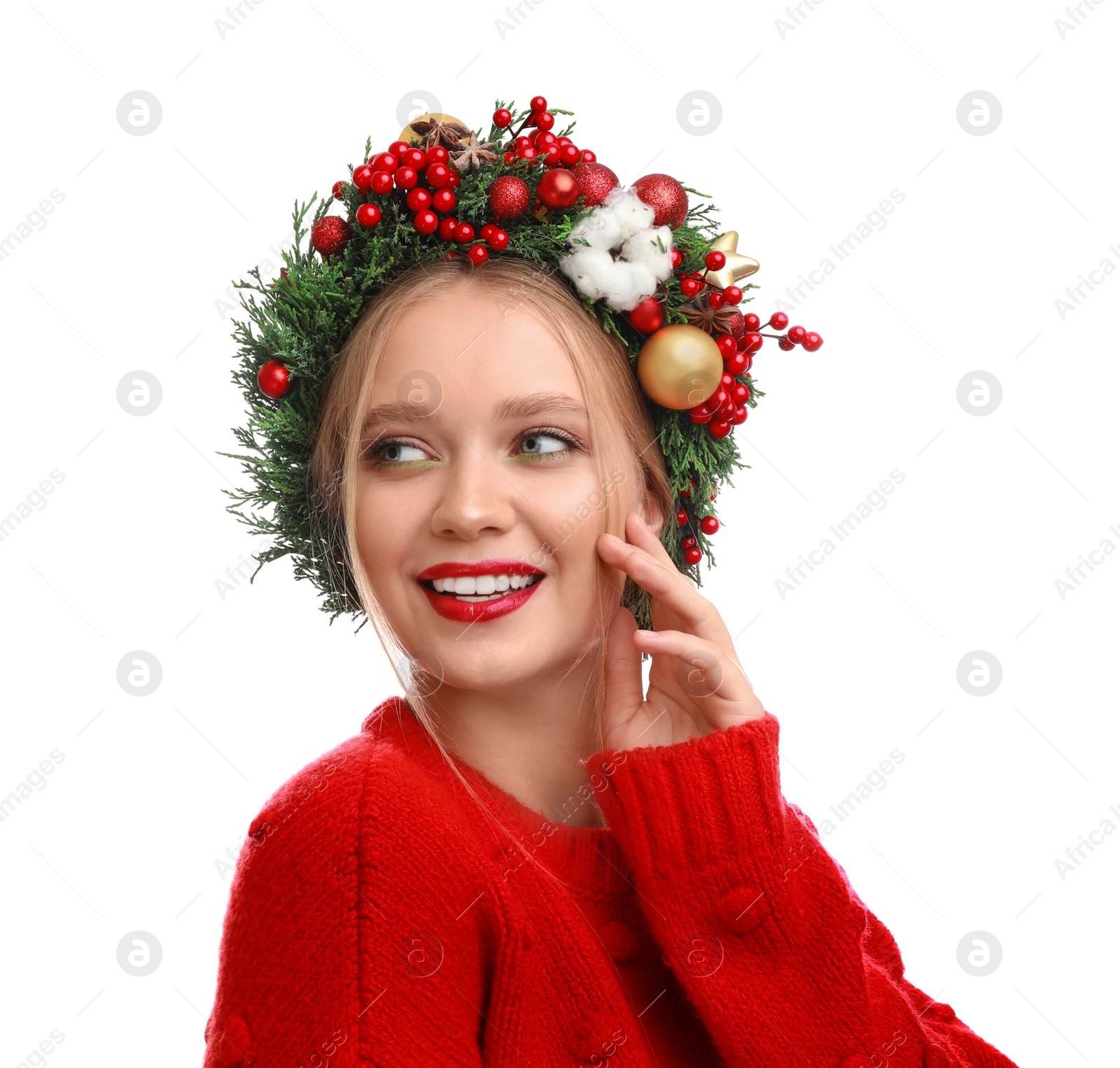 Photo of Beautiful young woman wearing Christmas wreath on white background