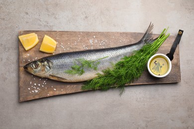 Photo of Board with delicious salted herring, dill, lemon and olive oil on grey table, top view