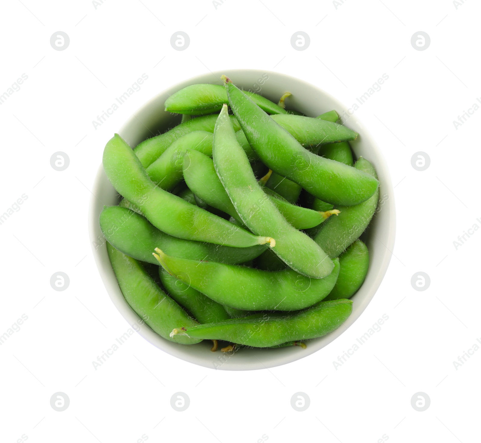 Photo of Bowl with green edamame pods on white background, top view