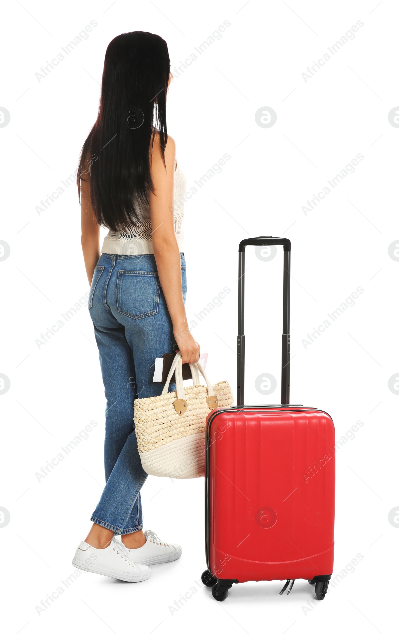 Photo of Woman with suitcase and bag for vacation trip on white background. Summer travelling