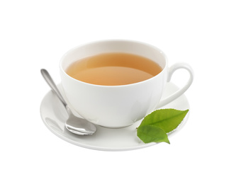 Photo of Cup of green tea and leaves isolated on white