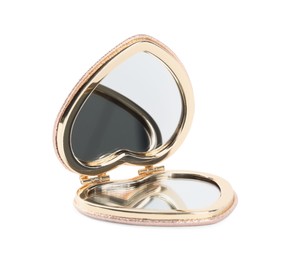 Photo of Stylish heart shaped cosmetic pocket mirror isolated on white