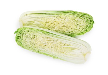 Photo of Halves of fresh Chinese cabbage isolated on white, top view