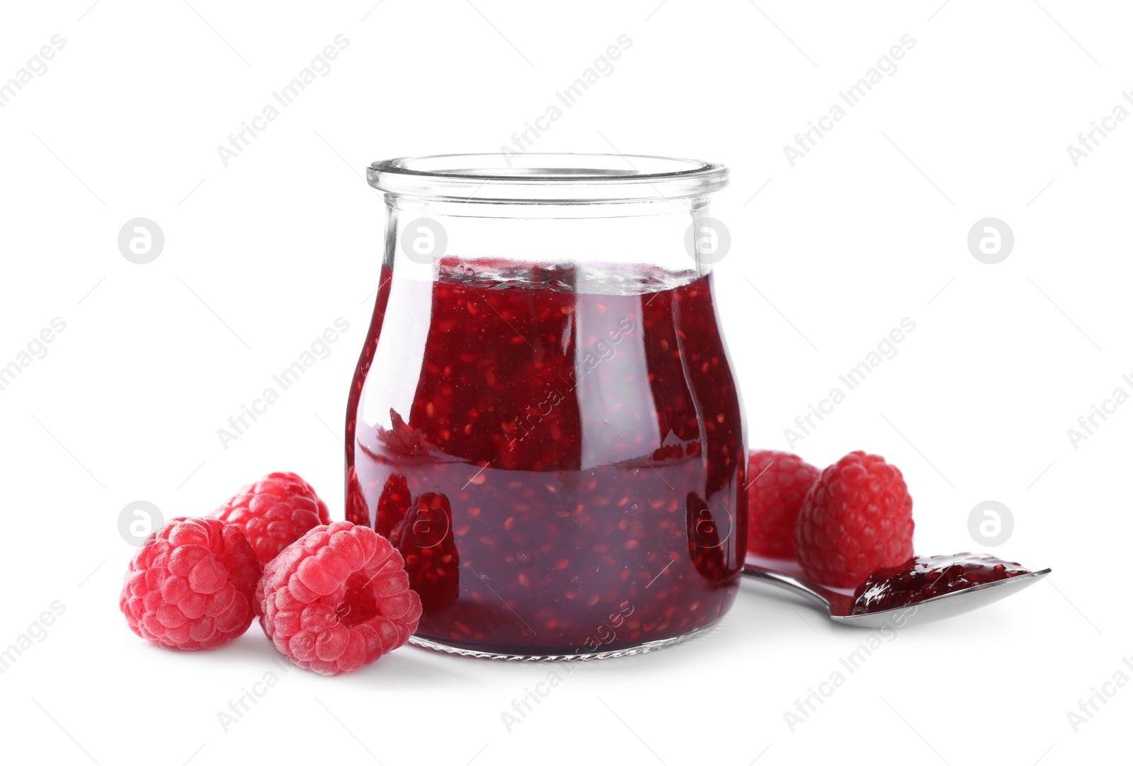 Photo of Delicious jam and fresh raspberries isolated on white