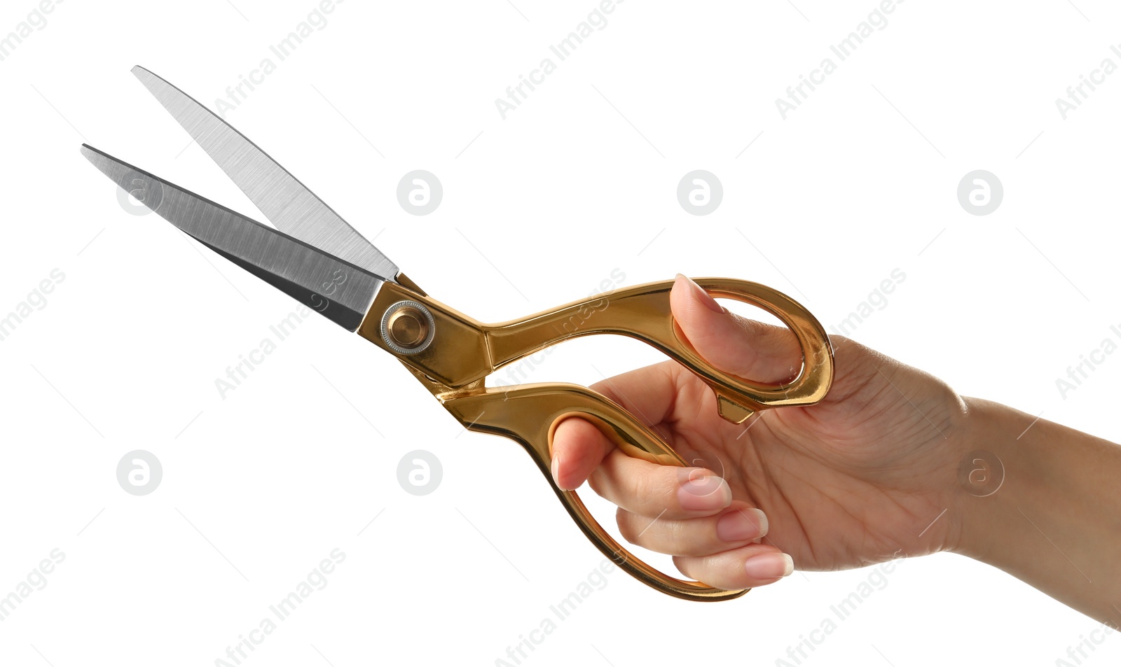 Photo of Woman holding tailor's scissors isolated on white, closeup