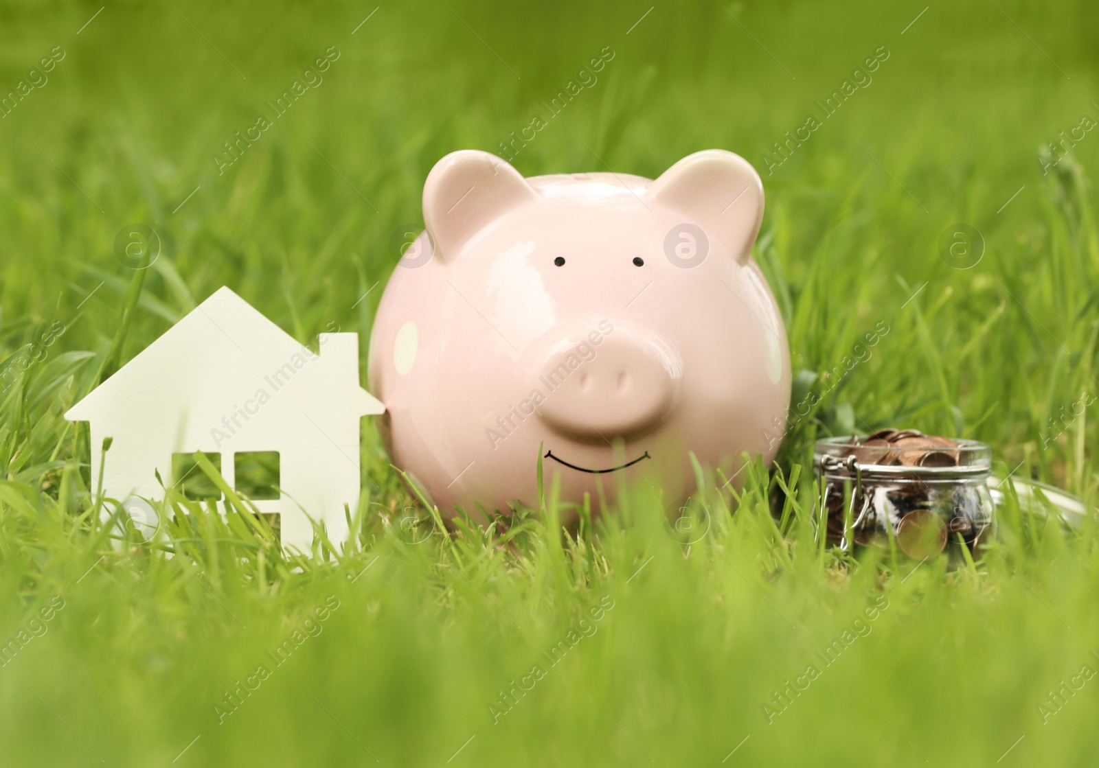 Photo of Piggy bank, house figure and jar with coins on green grass in park