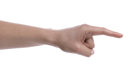 Photo of Woman pointing with index finger on white background, closeup