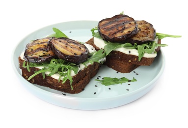 Photo of Delicious fresh eggplant sandwiches on white background