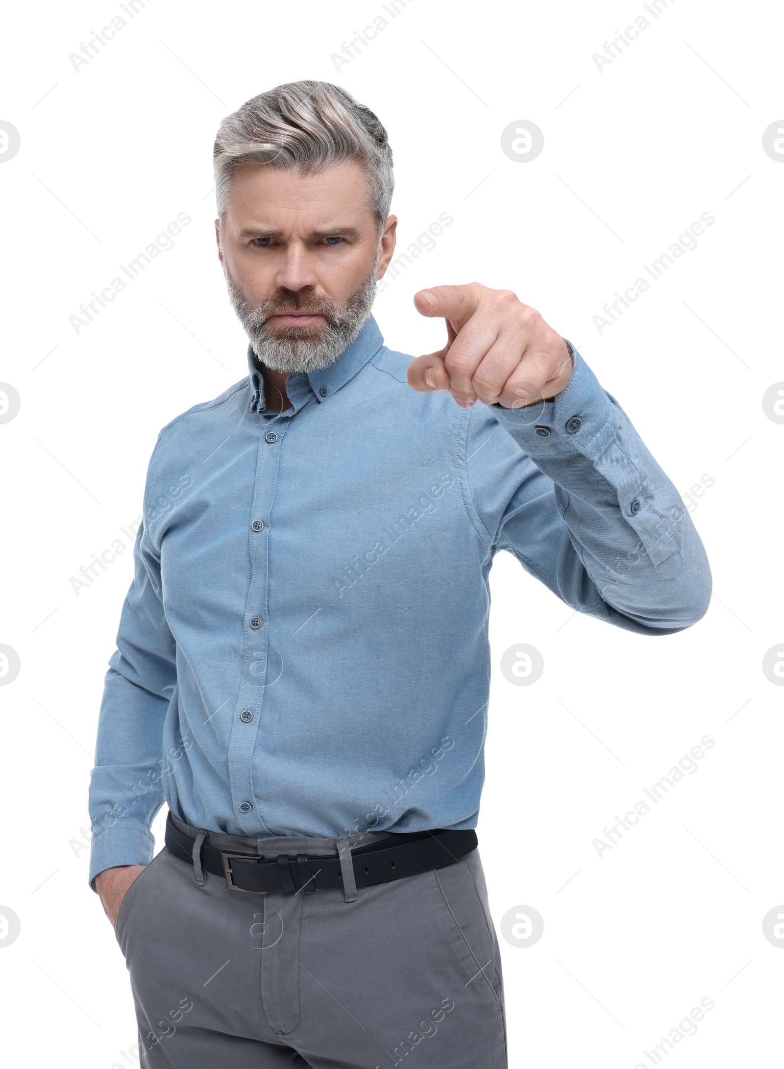 Photo of Mature businessman in stylish clothes posing on white background