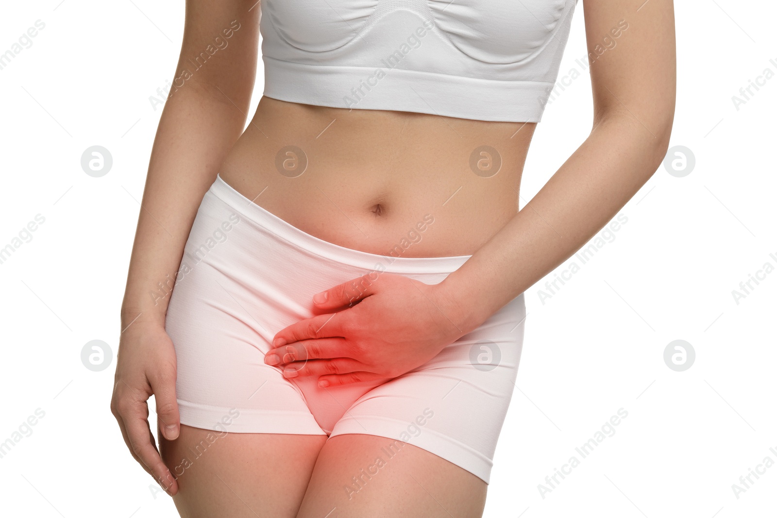 Image of Woman suffering from cystitis symptoms on white background, closeup