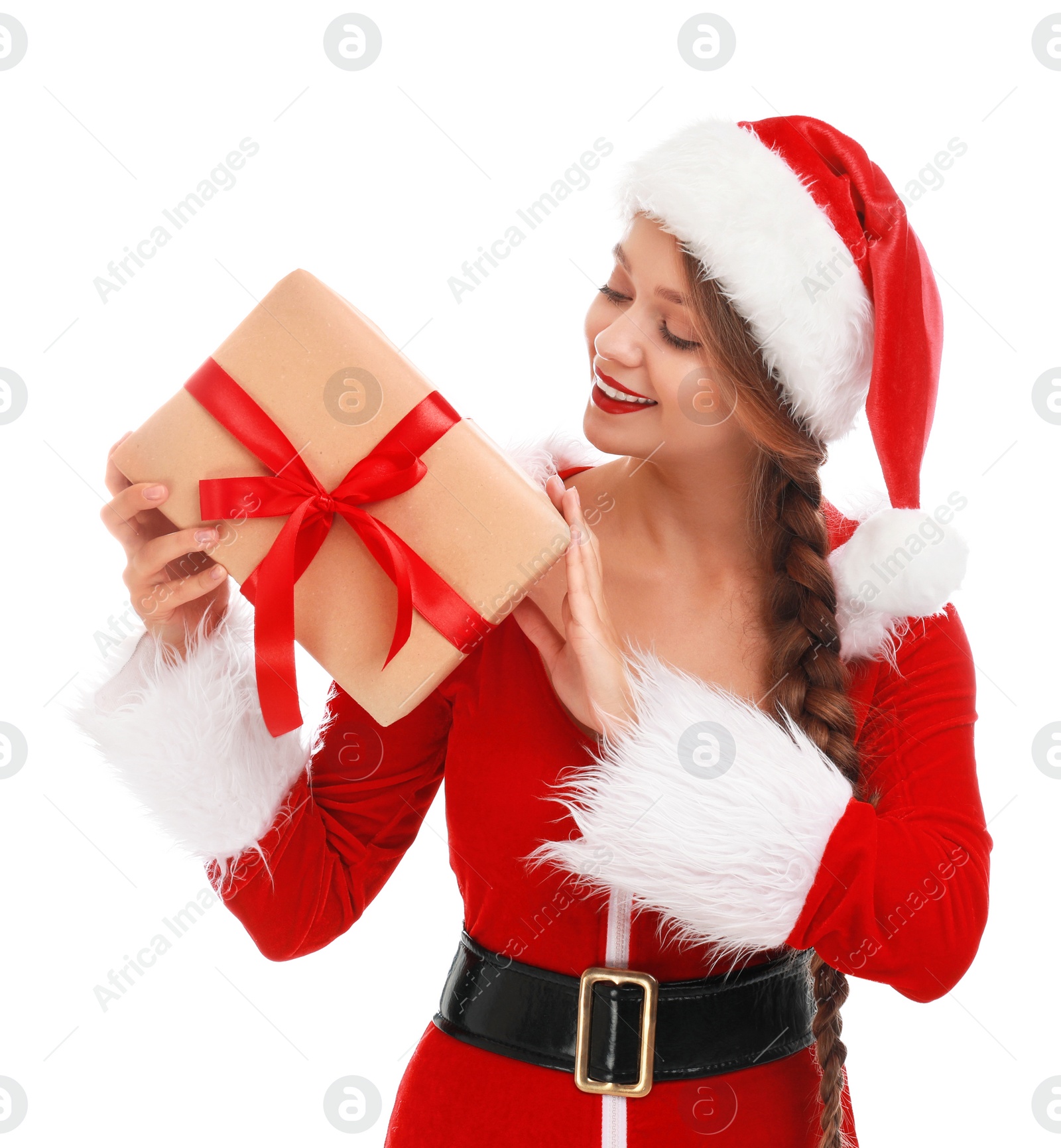 Photo of Beautiful Santa girl with Christmas gift on white background