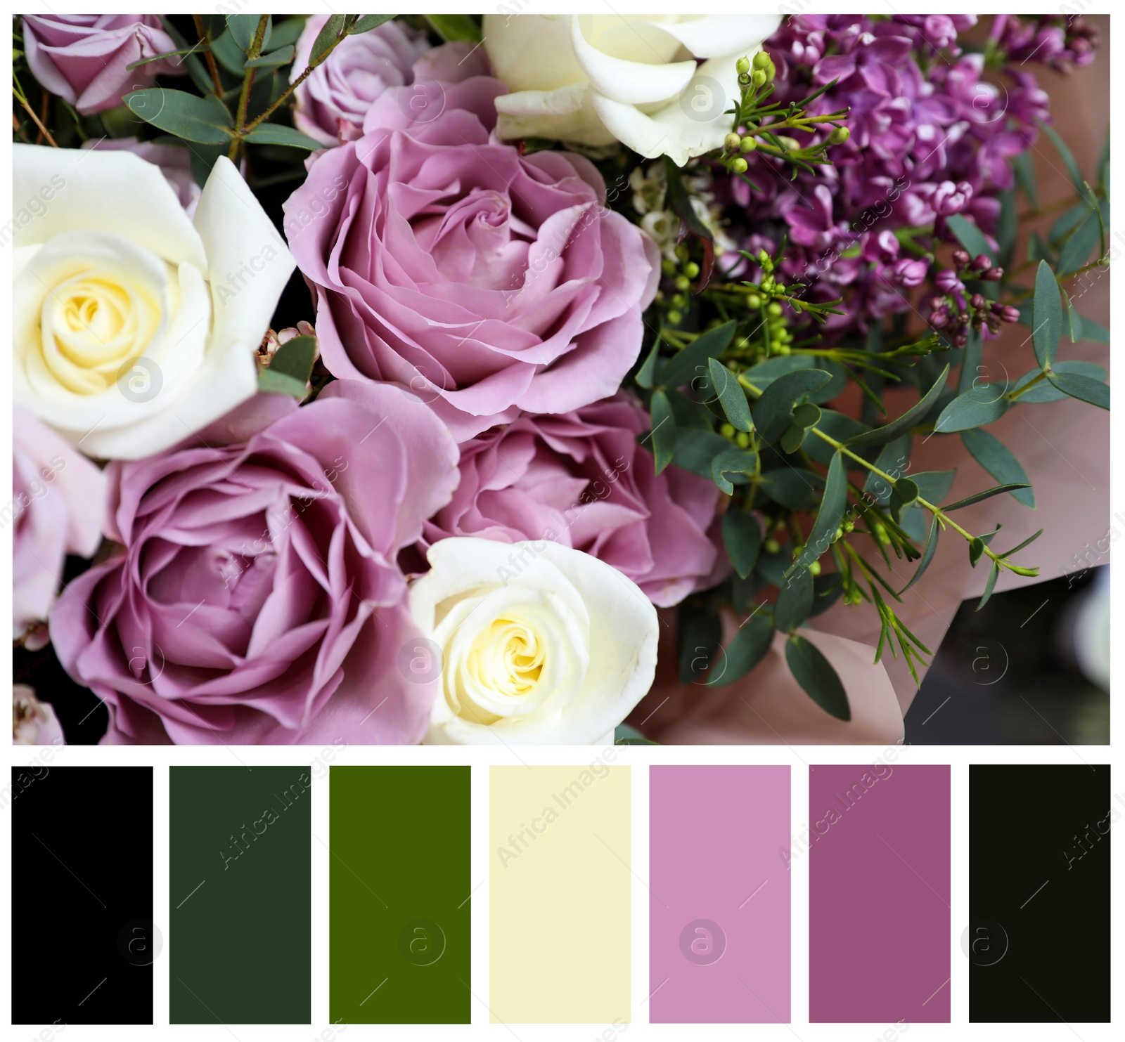 Image of Beautiful fresh flowers and color palette. Collage