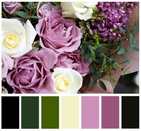 Beautiful fresh flowers and color palette. Collage