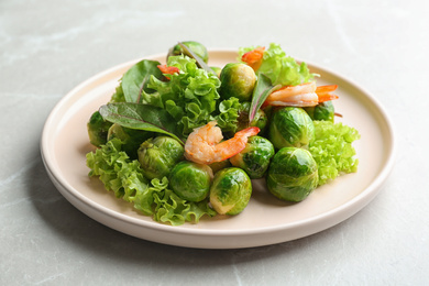 Tasty salad with Brussels sprouts on light grey table