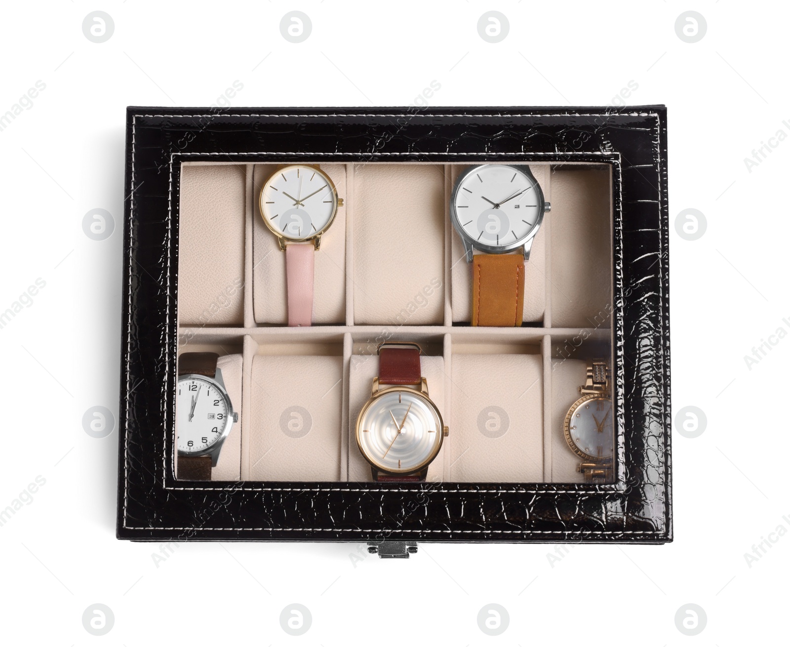 Photo of Black jewelry box with different wristwatches isolated on white, top view