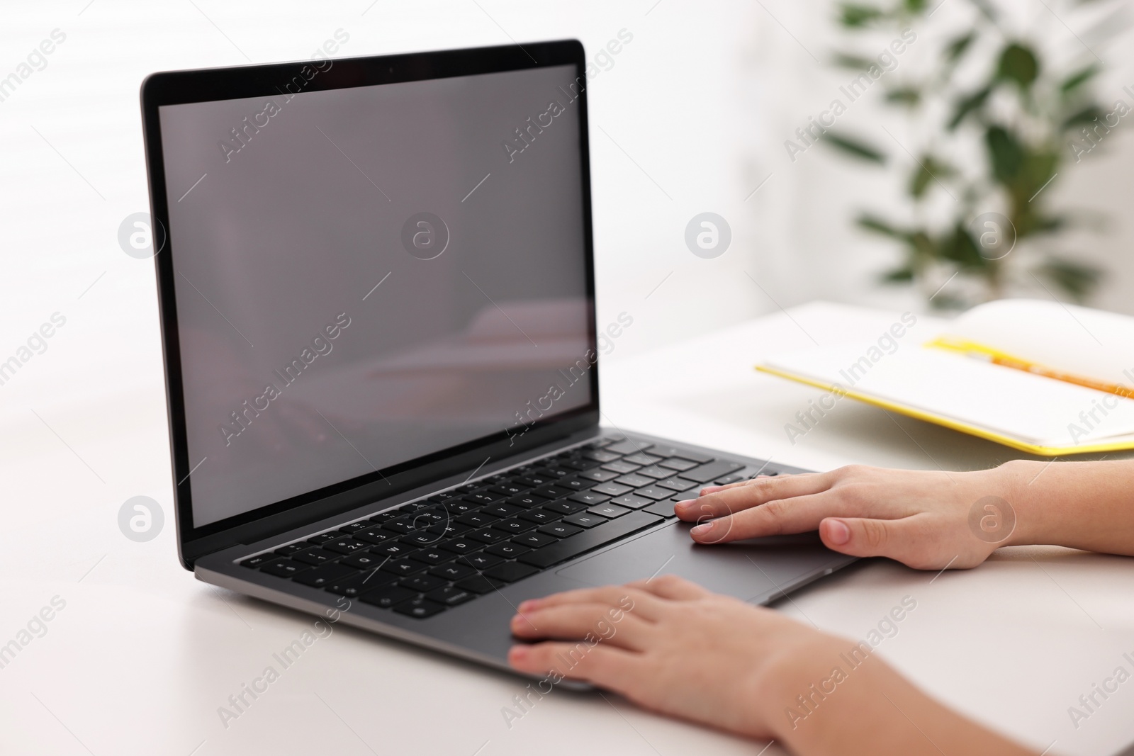 Photo of E-learning. Girl using laptop during online lesson at table indoors, closeup