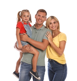 Photo of Happy family with daughter on white background