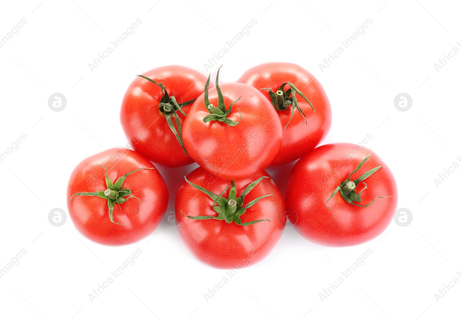 Photo of Fresh ripe organic tomatoes isolated on white, top view