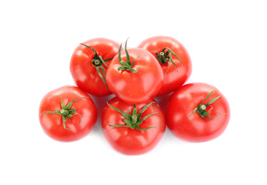 Fresh ripe organic tomatoes isolated on white, top view