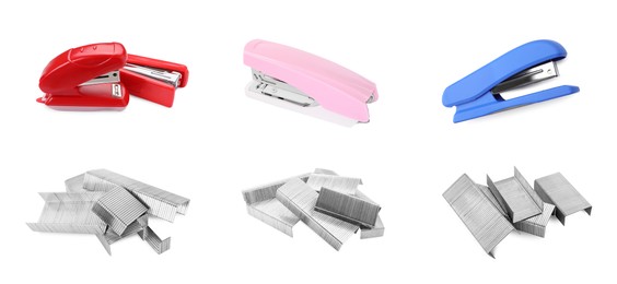 Image of Different colorful staplers and fasteners isolated on white, collection