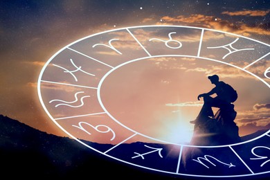 Image of Zodiac wheel and photo of man in mountains at sunset
