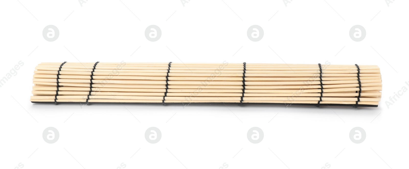 Photo of Rolled sushi mat made of bamboo on white background