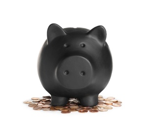 Photo of Piggy bank with coins on white background