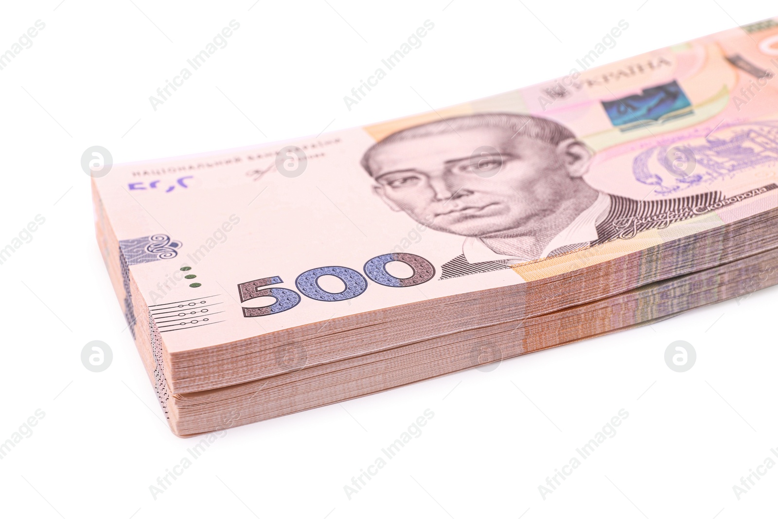 Photo of 500 Ukrainian Hryvnia banknotes on white background, closeup