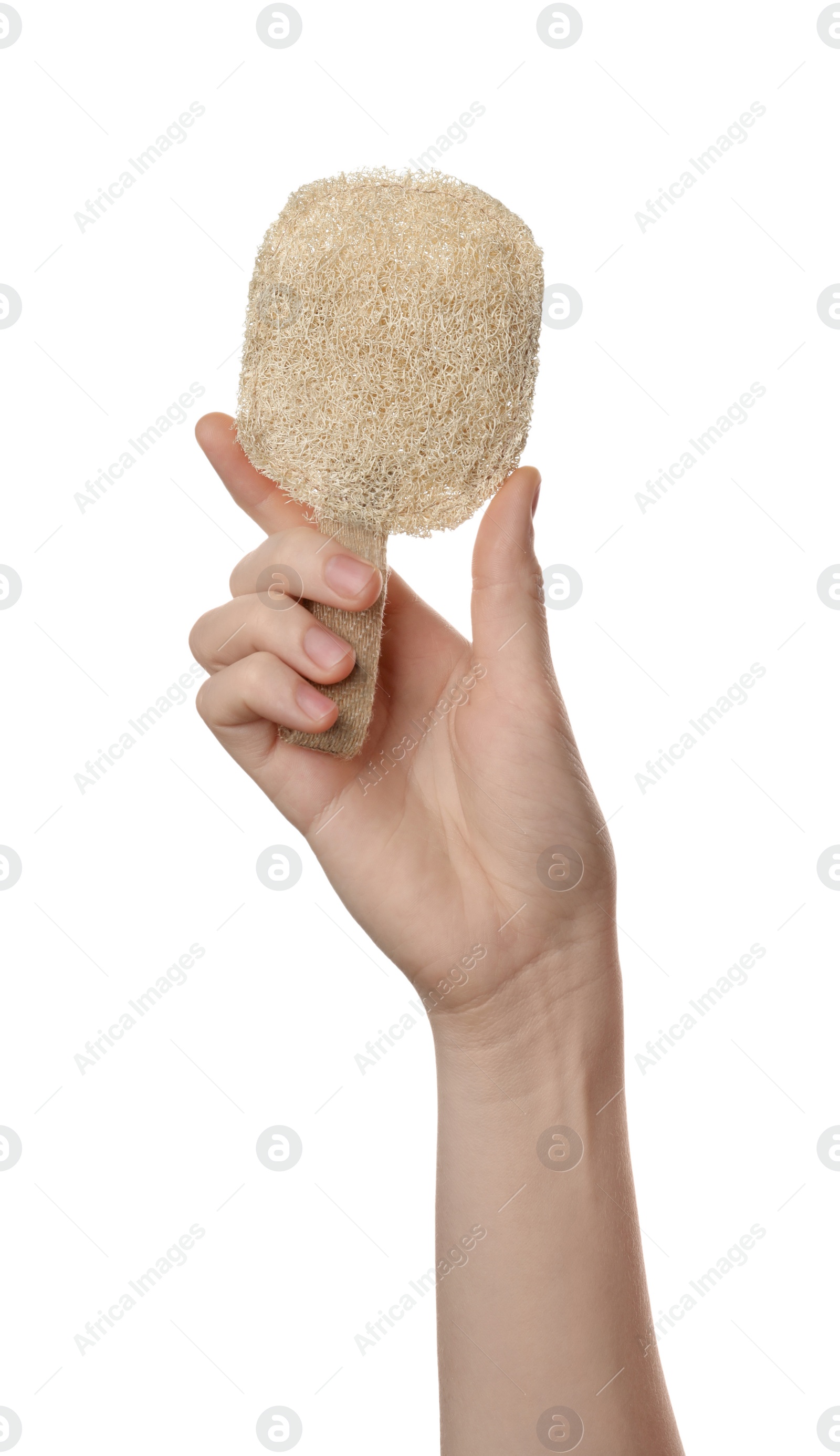 Photo of Woman holding natural loofah on white background, closeup. Conscious consumption