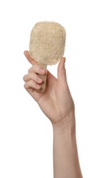 Photo of Woman holding natural loofah on white background, closeup. Conscious consumption