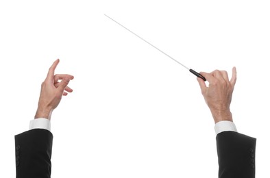 Photo of Professional conductor with baton on white background, closeup