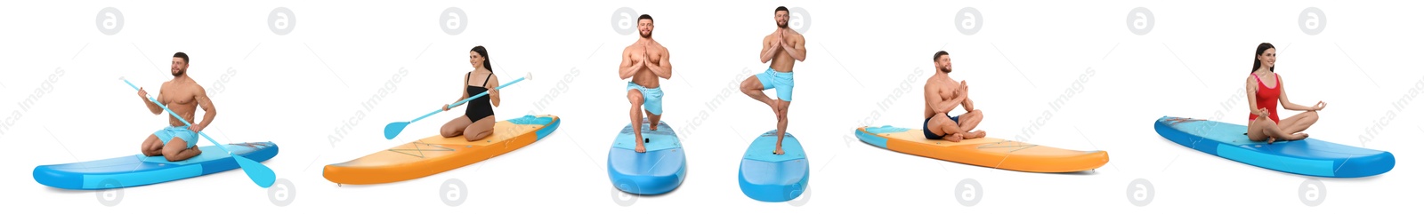 Image of Collage with photos of young man and woman practicing yoga on sup boards isolated on white