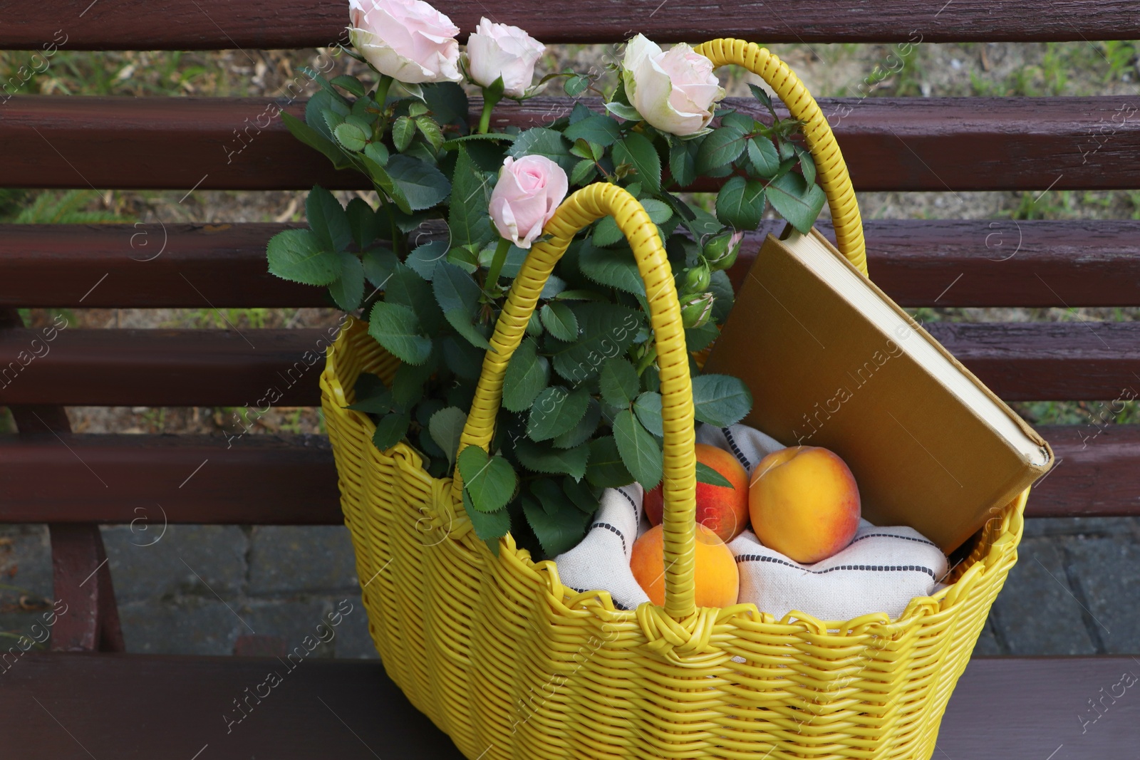 Photo of Yellow wicker bag with roses, book and peaches on bench outdoors