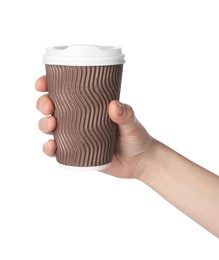 Photo of Woman holding paper cup of tasty drink on white background. Coffee to go