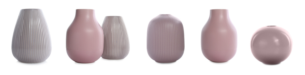 Set of beautiful ceramic vases on white background. Banner design