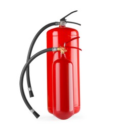 Photo of Two red fire extinguishers on white background