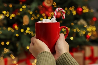 Photo of Woman holding cup of delicious cocoa with marshmallows and candy cane near Christmas tree at home, closeup