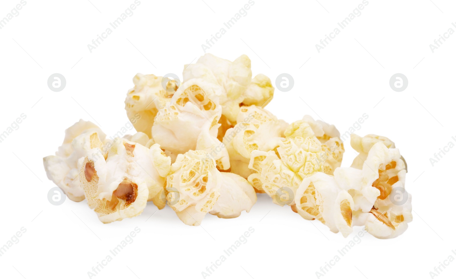 Photo of Fresh popcorn isolated on white. Tasty snack