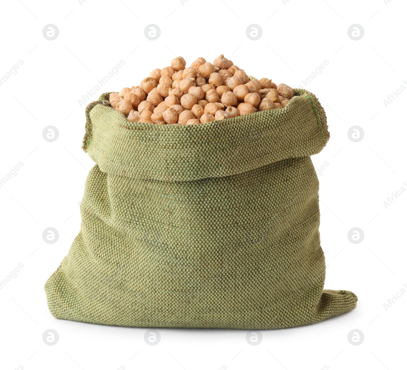 Photo of Raw chickpeas in bag on white background