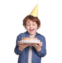 Photo of Birthday celebration. Cute little boy in party hat holding tasty cake on white background